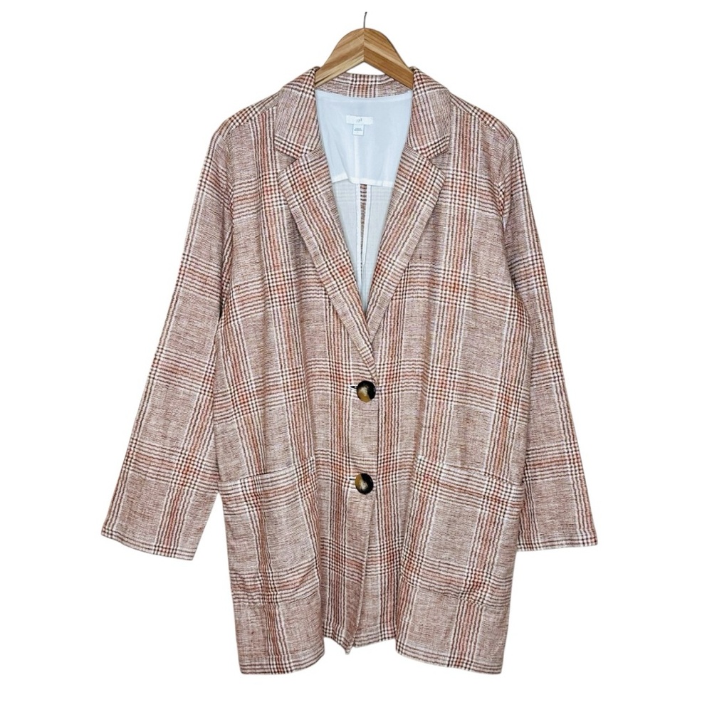 J. Jill Oversized Linen Cotton Blazer Size Large Summer Glen Plaid Henna Cream